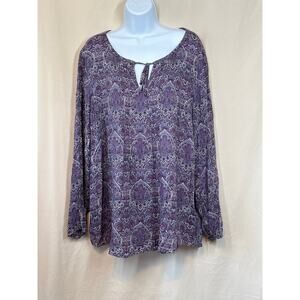 J JILL Fall Purple Paisley Long Sleeve Business Casual Soft Tunic w/ Tie Front L